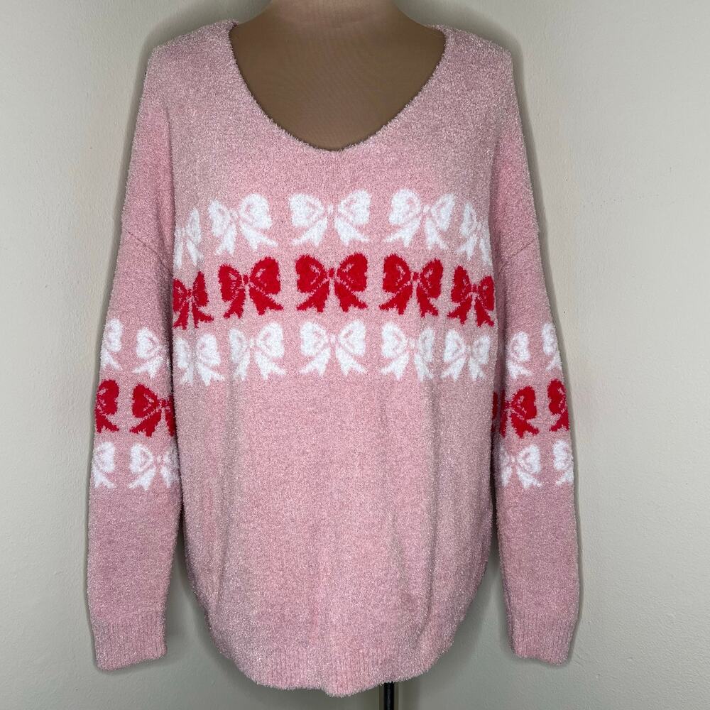 Francesca's Sweater Large Womens Pink Coquette Bow Pink Red V-Neck Relaxed Girly